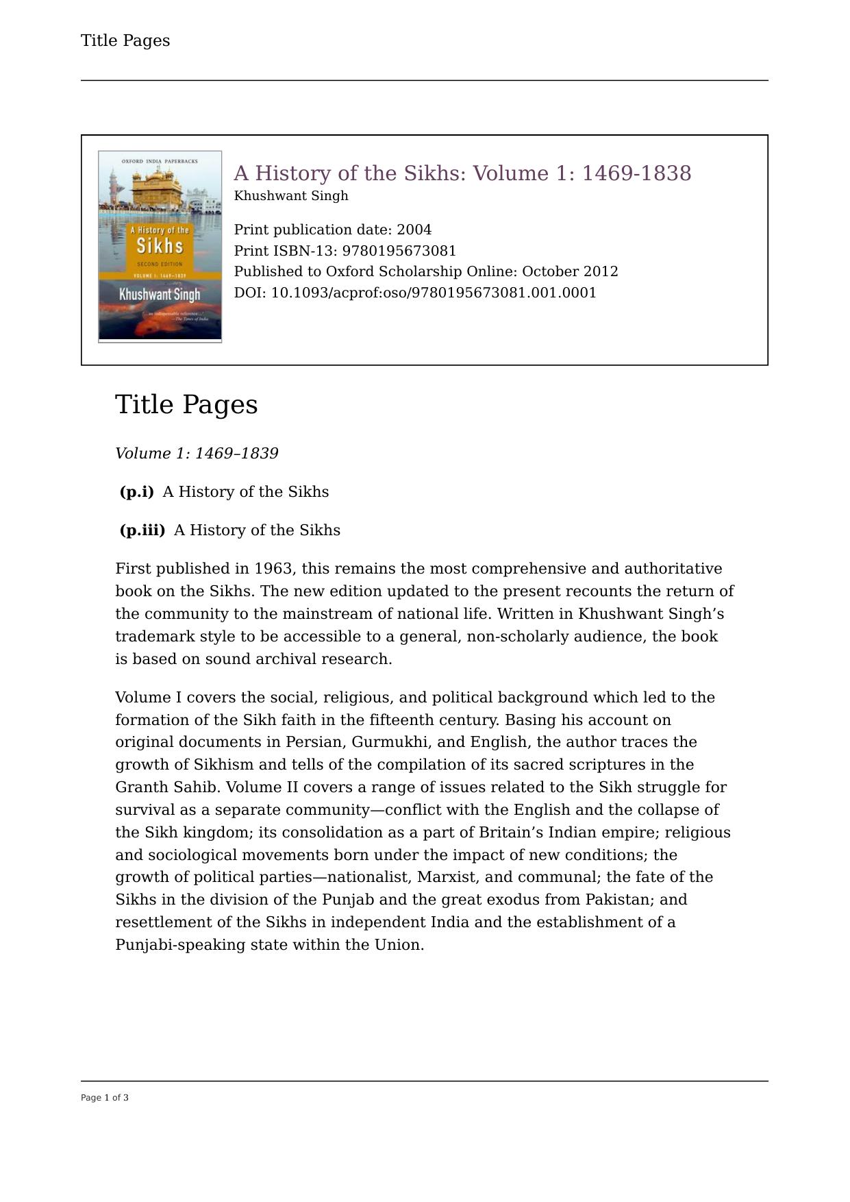 A History of the Sikhs, Volume 1: 1469â1839 by Khushwant Singh