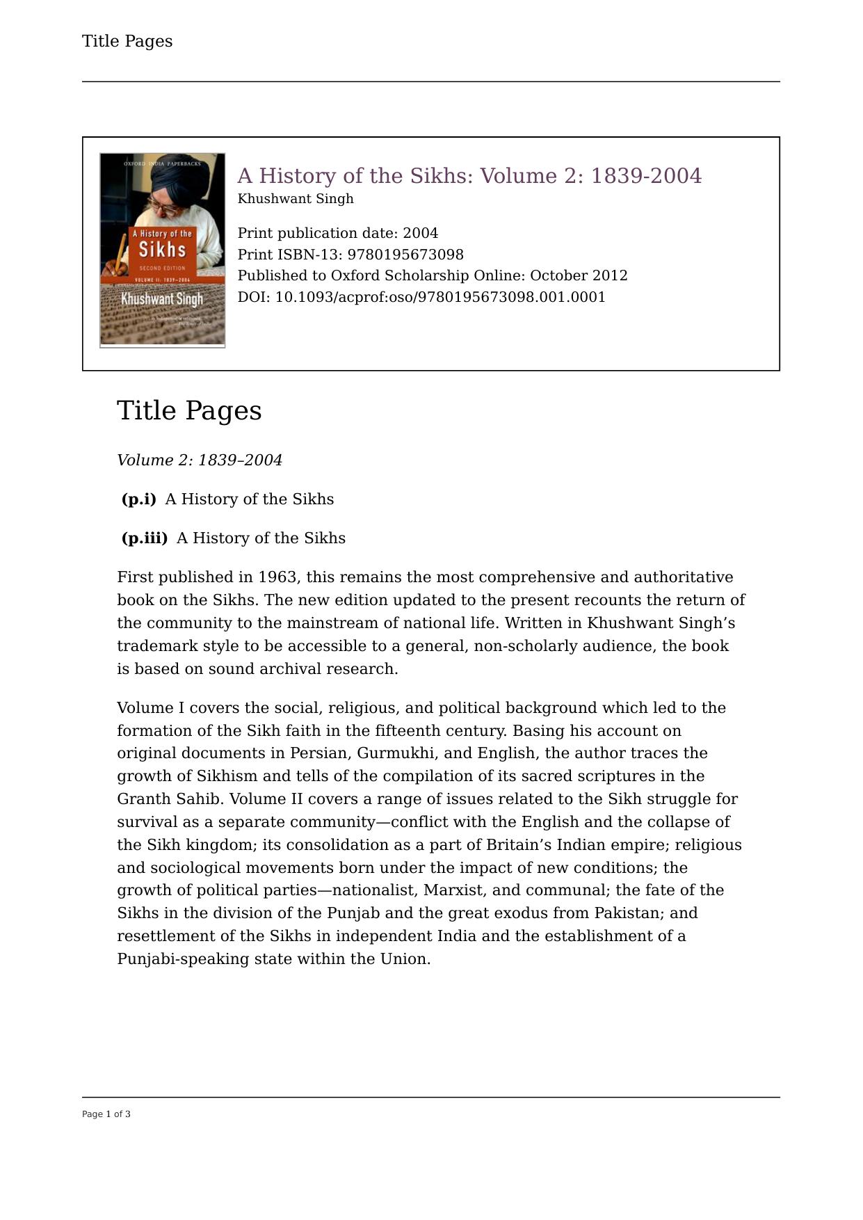 A History of the Sikhs, Volume 2: 1839â2004 by Khushwant Singh