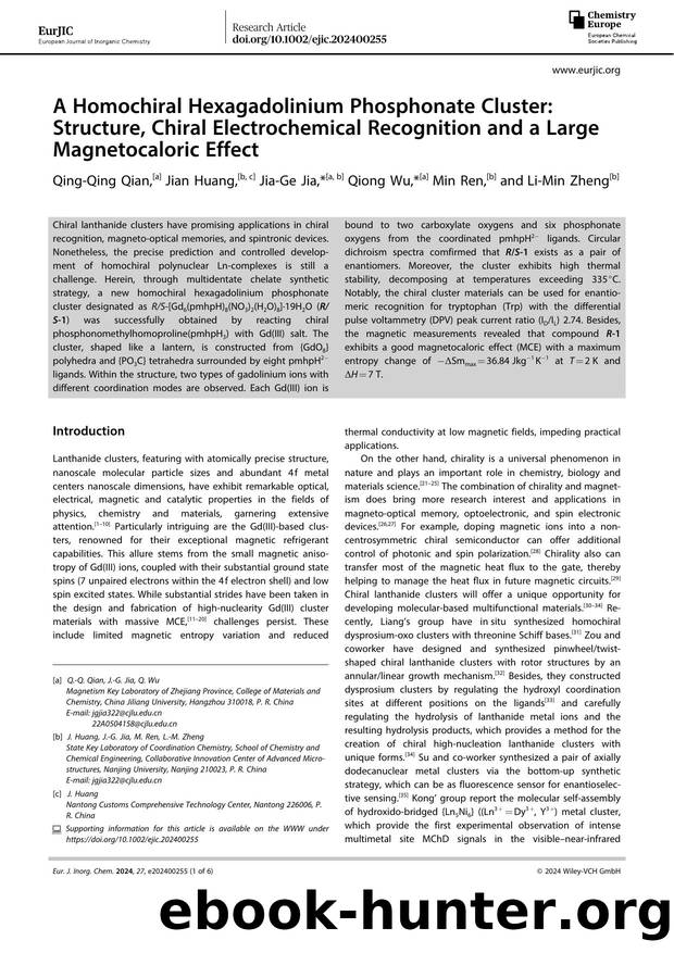 A Homochiral Hexagadolinium Phosphonate Cluster: Structure, Chiral Electrochemical Recognition and a Large Magnetocaloric Effect by Unknown