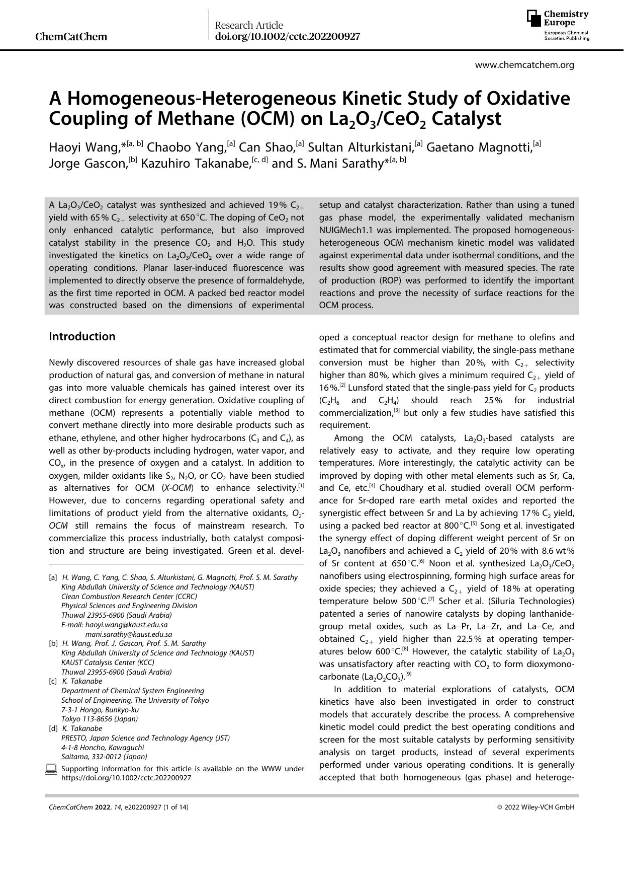 A HomogeneousâHeterogeneous Kinetic Study of Oxidative Coupling of Methane (OCM) on La2O3CeO2 Catalyst by Unknown