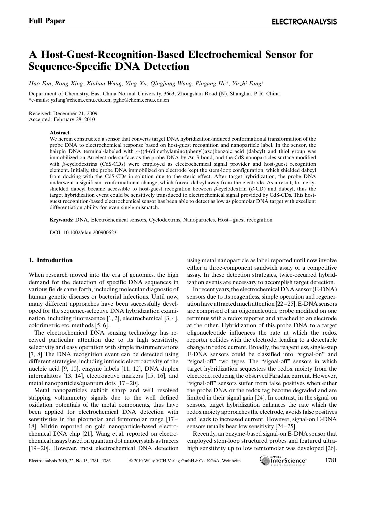 A Host?Guest?Recognition?Based Electrochemical Sensor for Sequence?Specific DNA Detection by Unknown