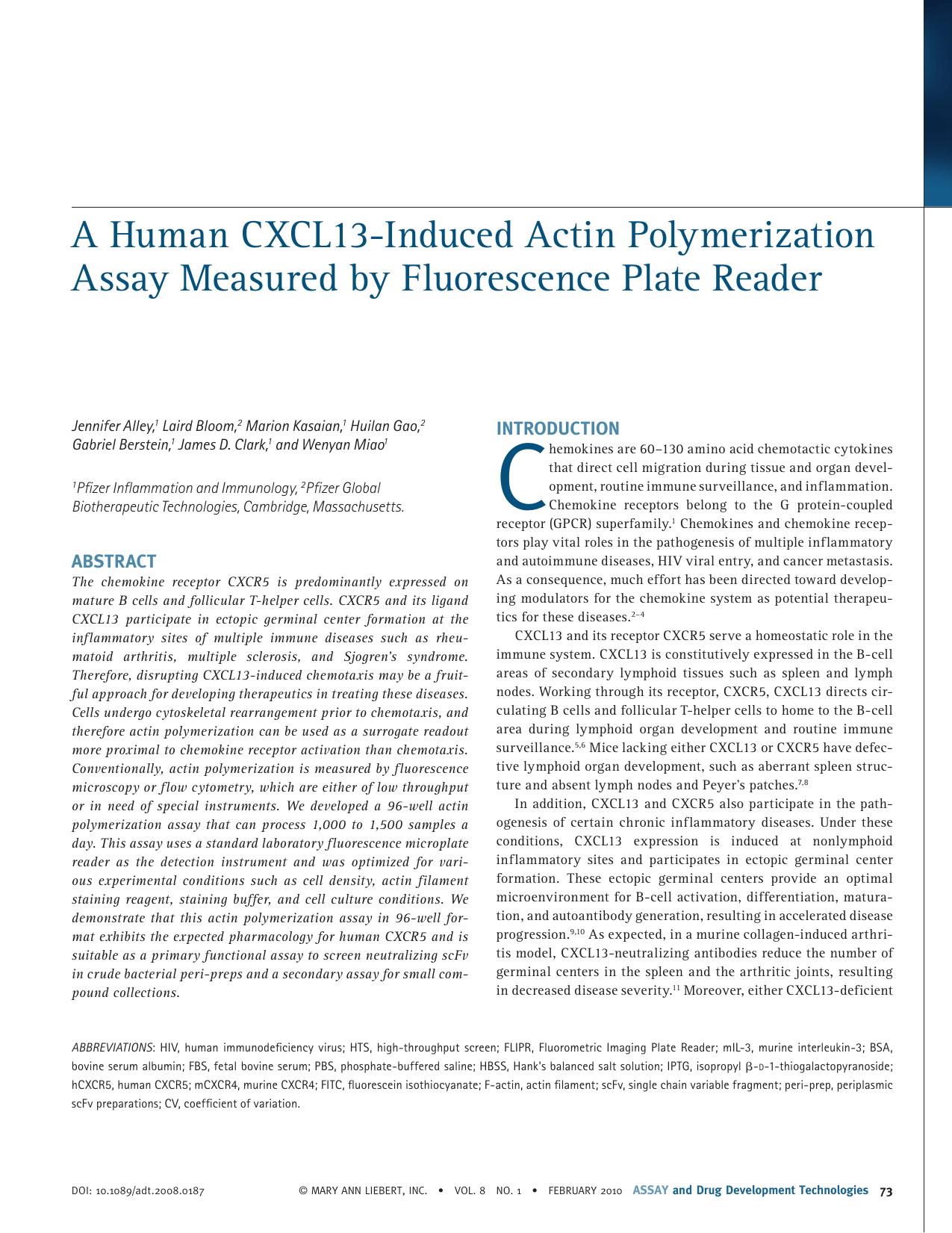 A Human CXCL13-Induced Actin Polymerization Assay Measured by Fluorescence Plate Reader by Jennifer Alley Laird Bloom Marion Kasaian Huilan Gao Gabriel Berstein James D. Clark Wenyan Miao