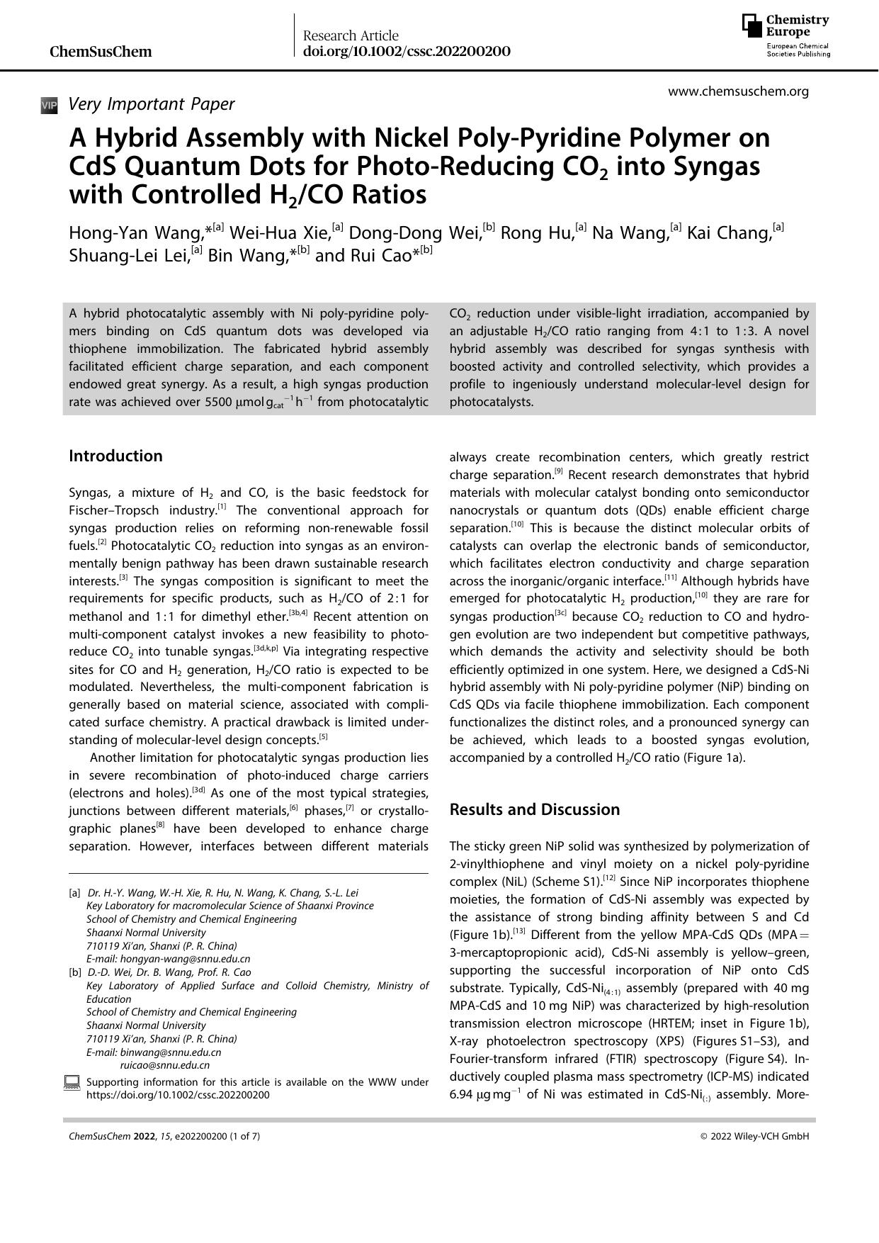 A Hybrid Assembly with Nickel PolyâPyridine Polymer on CdS Quantum Dots for PhotoâReducing CO2 into Syngas with Controlled H2CO Ratios by Unknown