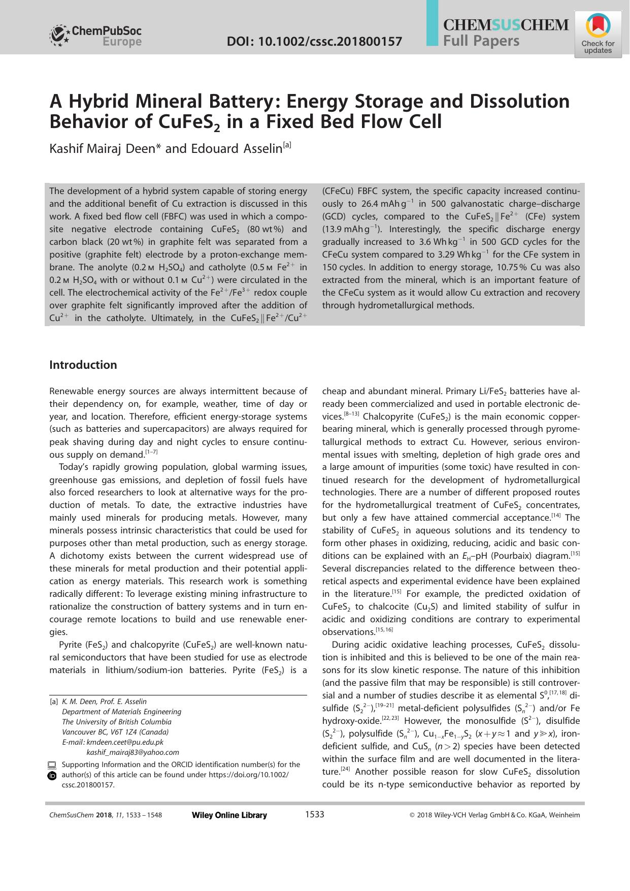 A Hybrid Mineral Battery: Energy Storage and Dissolution Behavior of CuFeS2 in a Fixed Bed Flow Cell by Unknown