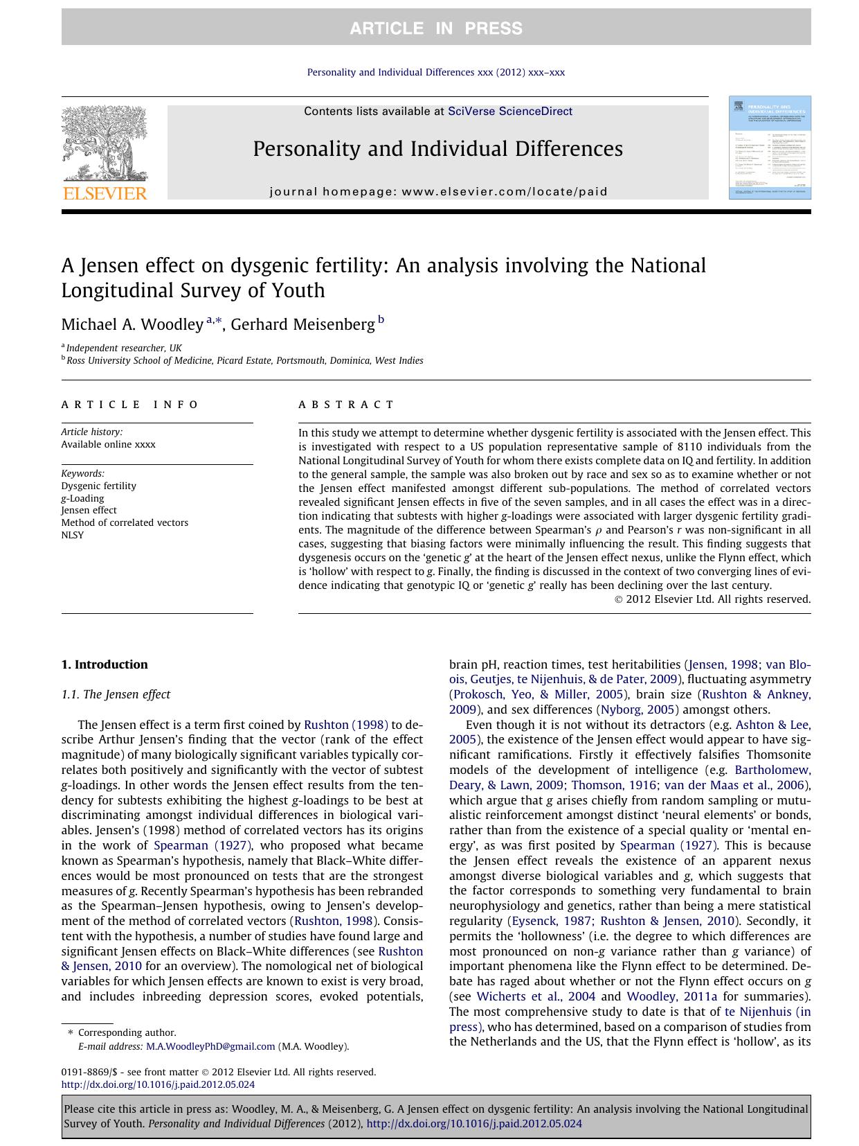 A Jensen effect on dysgenic fertility: An analysis involving the National Longitudinal Survey of Youth by Michael A. Woodley & Gerhard Meisenberg
