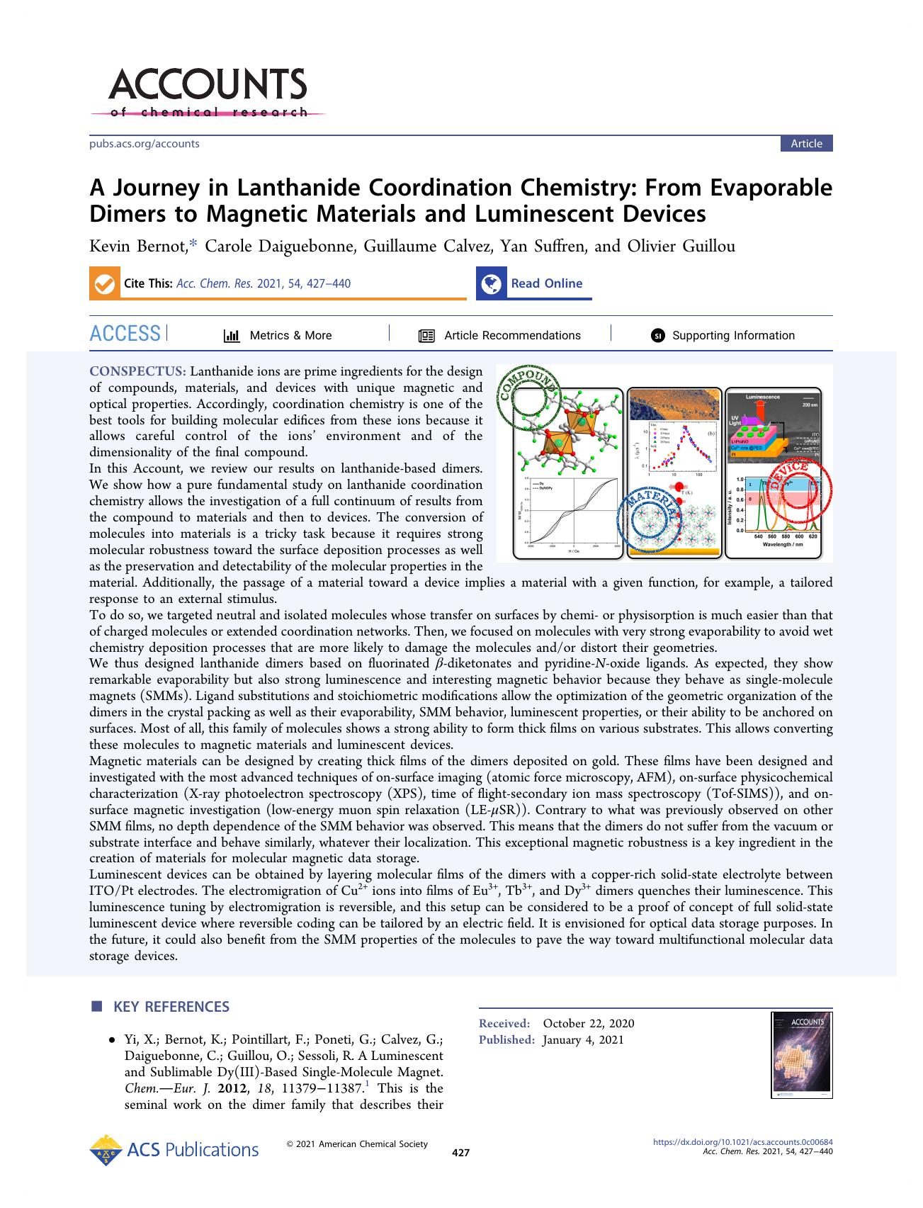 A Journey in Lanthanide Coordination Chemistry: From Evaporable Dimers to Magnetic Materials and Luminescent Devices by Kevin Bernot; Carole Daiguebonne; Guillaume Calvez; Yan Suffren; Olivier Guillou
