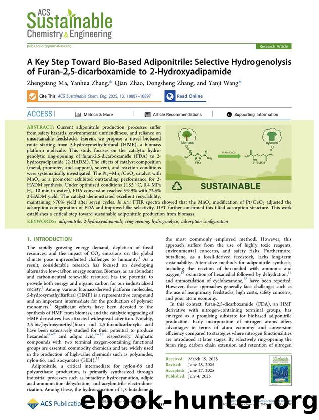 A Key Step Toward Bio-Based Adiponitrile: Selective Hydrogenolysis of Furan-2,5-dicarboxamide to 2-Hydroxyadipamide by Zhengxiang Ma Yanhua Zhang Qian Zhao Dongsheng Zhang and Yanji Wang