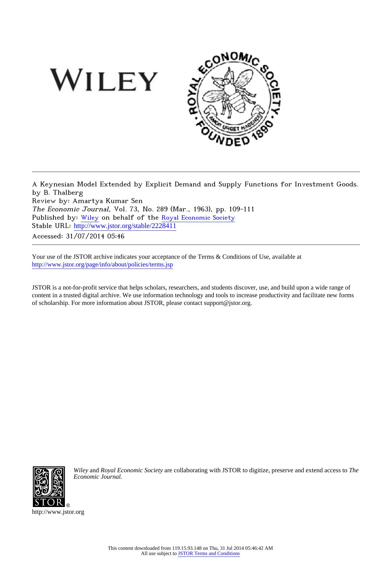 A Keynesian Model Extended by Explicit Demand and Supply Functions for Investment Goods. by B. Thalberg by A Keynesian Model Extended by Explicit Demand & Supply Functions for Investment Goods.by B. Thalberg
