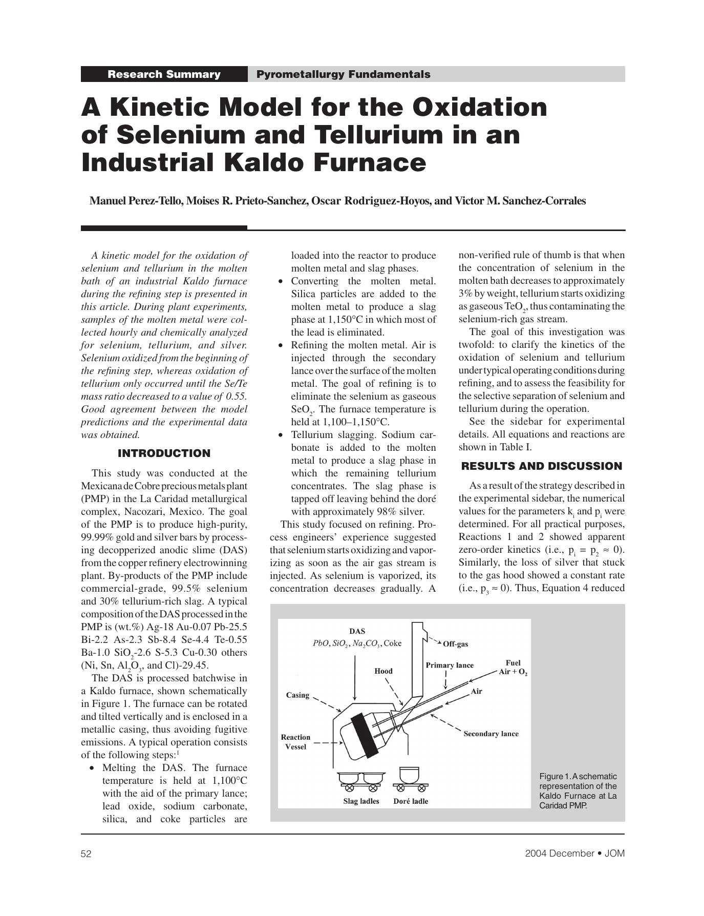 A Kinetic Model for the Oxidation of Selenium and Tellurium in an Industrial Kaldo Furnace by Manuel Perez-Tello Moises R. Prieto-Sanchez Oscar Rodriguez-Hoyos and Victor M. Sanchez-Corrales