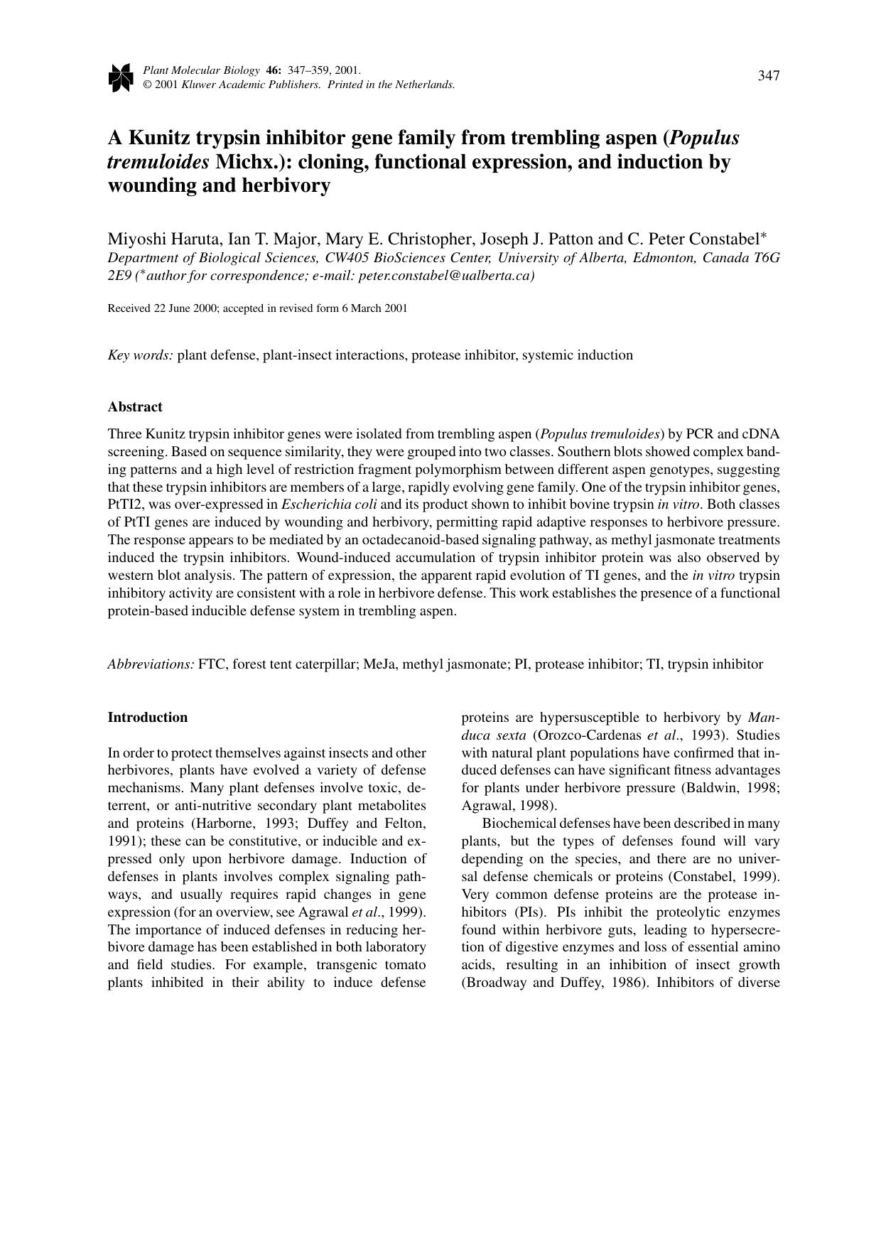 A Kunitz trypsin inhibitor gene family from trembling aspen (Populus tremuloides Michx.): cloning, functional expression, and induction by wounding and herbivory by Unknown