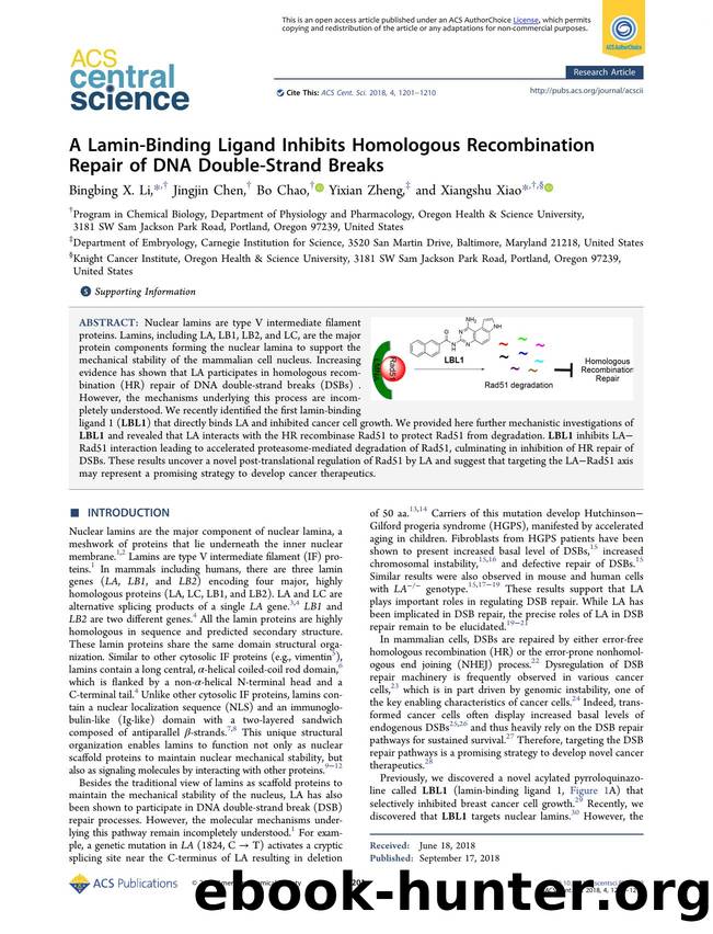 A Lamin-Binding Ligand Inhibits Homologous Recombination Repair of DNA Double-Strand Breaks by unknow