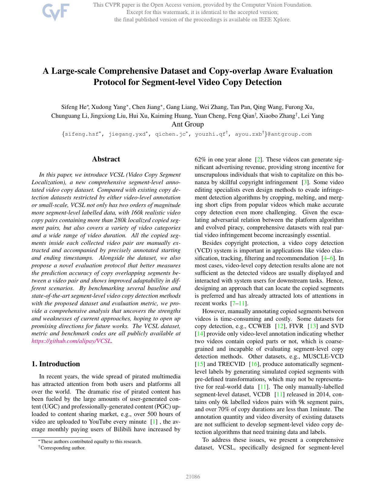 A Large-Scale Comprehensive Dataset and Copy-Overlap Aware Evaluation Protocol for Segment-Level Video Copy Detection by unknow