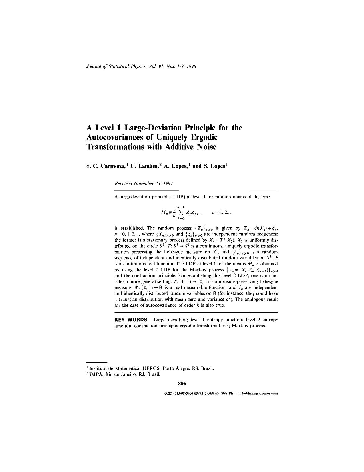 A Level 1 Large-Deviation Principle for the Autocovariances of Uniquely Ergodic Transformations with Additive Noise by Unknown