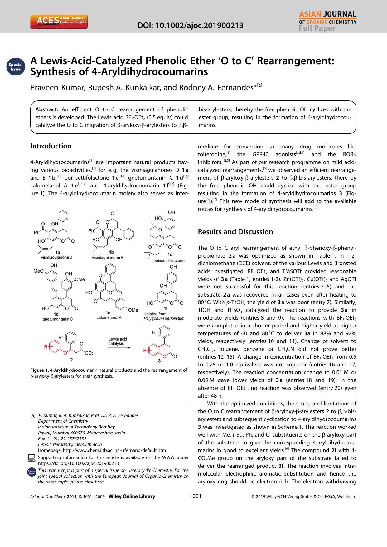 A LewisâAcidâCatalyzed Phenolic Ether âO to Câ Rearrangement: Synthesis of 4âAryldihydrocoumarins by Unknown