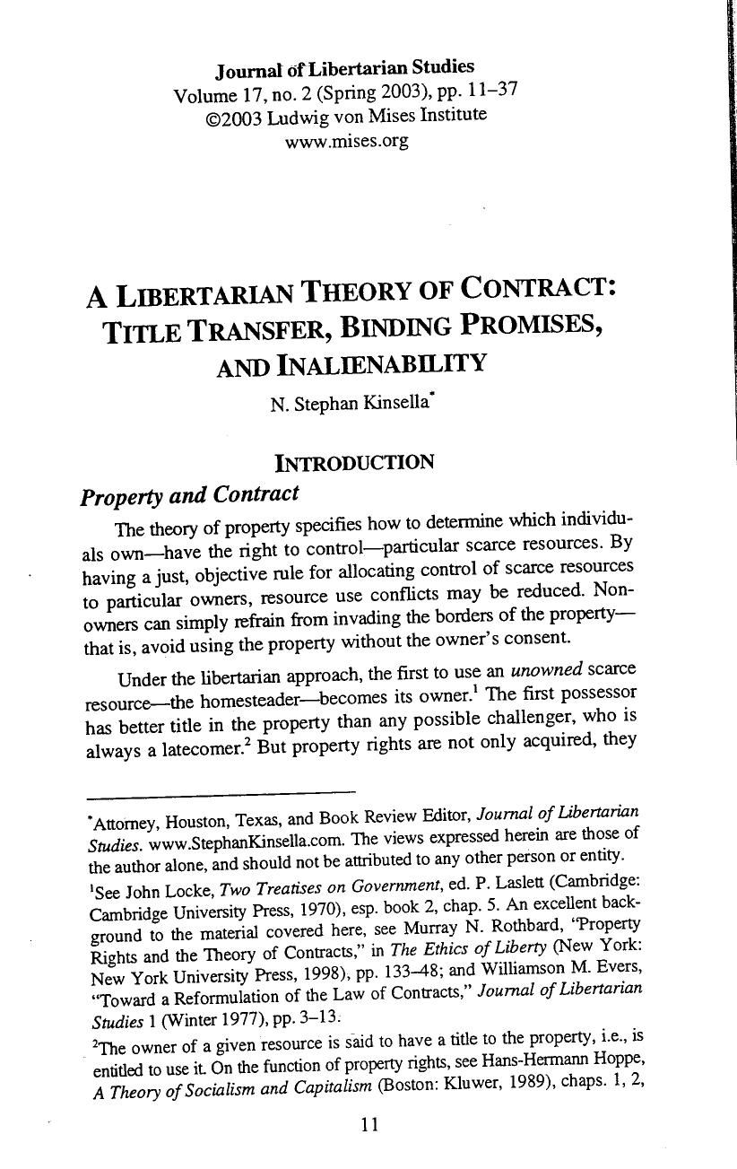 A Libertarian Theory of Contract: Title Transfer, Binding Promises, and Inalienability by N. Stephan Kinsella