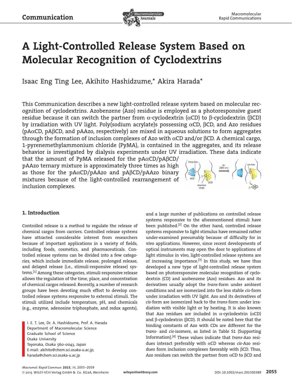 A Light&#x02010;Controlled Release System Based on Molecular Recognition of Cyclodextrins by Unknown