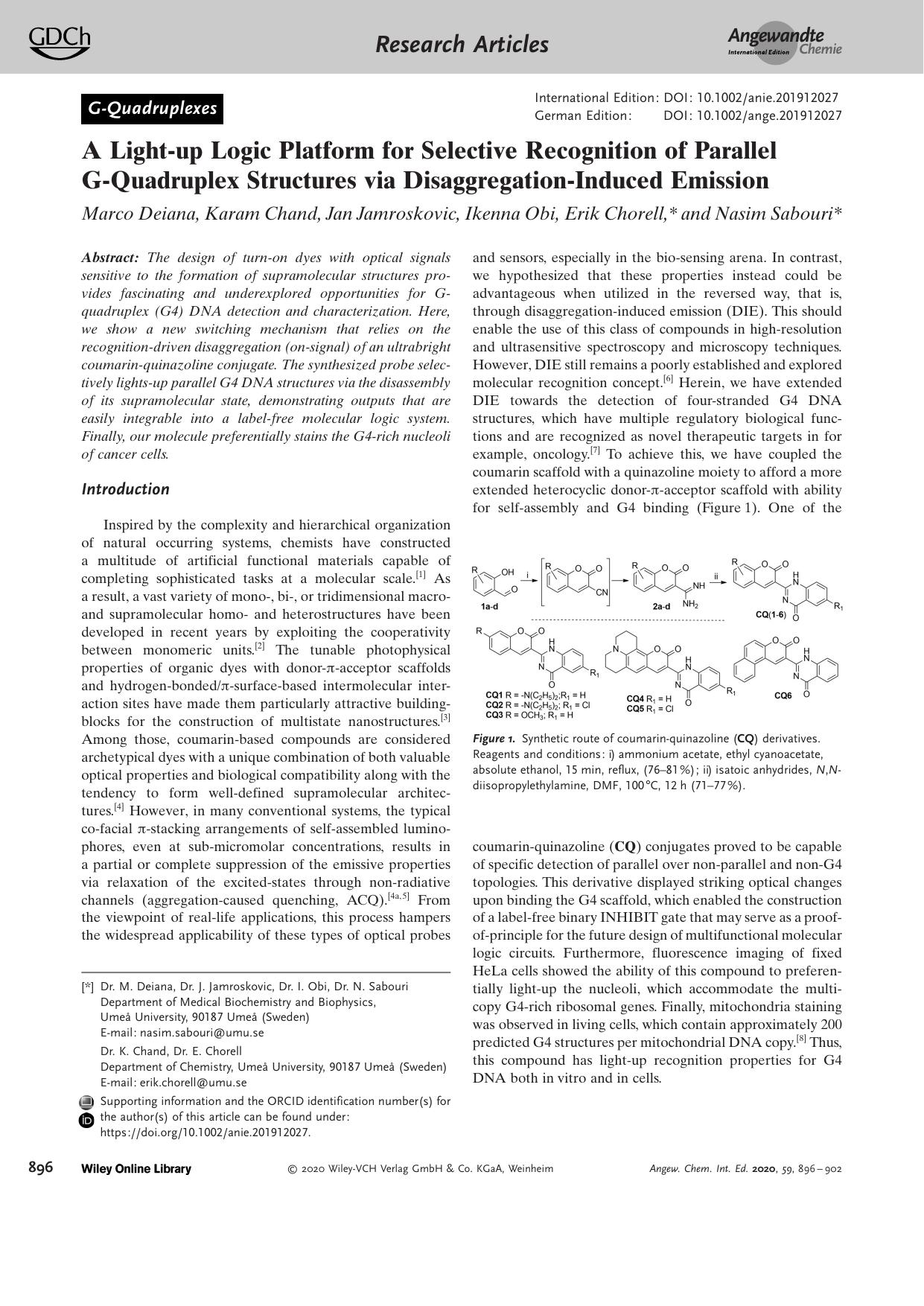 A Lightâup Logic Platform for Selective Recognition of Parallel GâQuadruplex Structures via DisaggregationâInduced Emission by Unknown