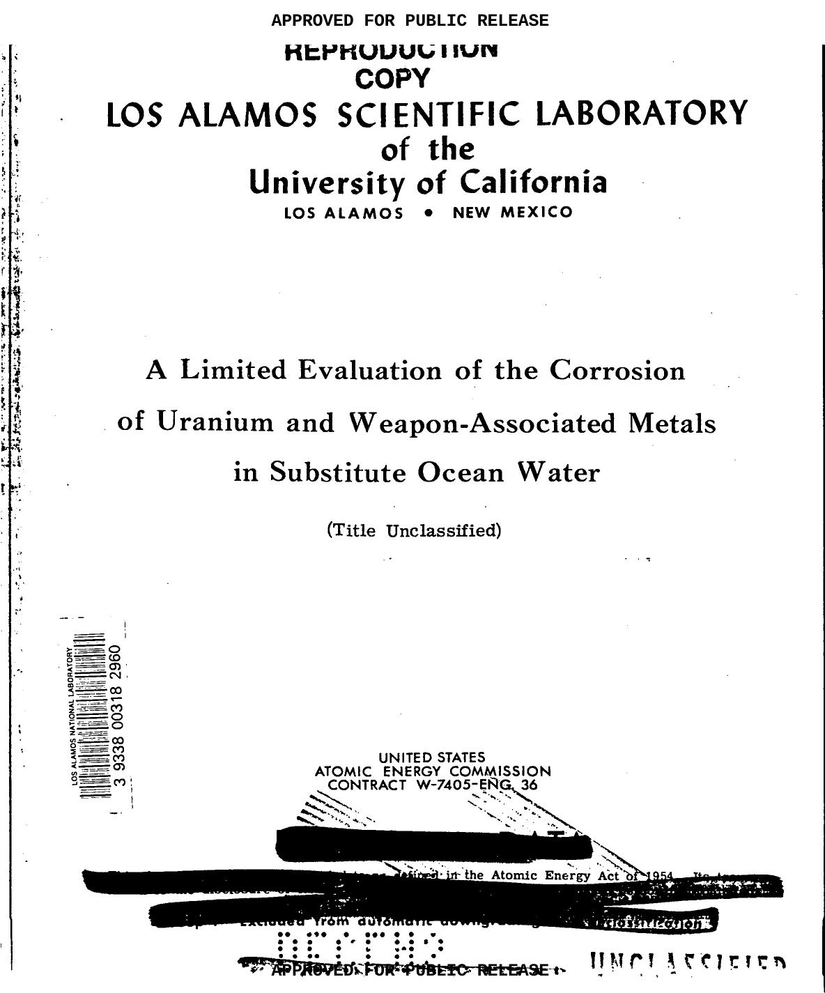 A Limited evaluation of the corrosion of uranium and weapon-associated metals in substitute ocean water None by LANL Research Library LWW Project