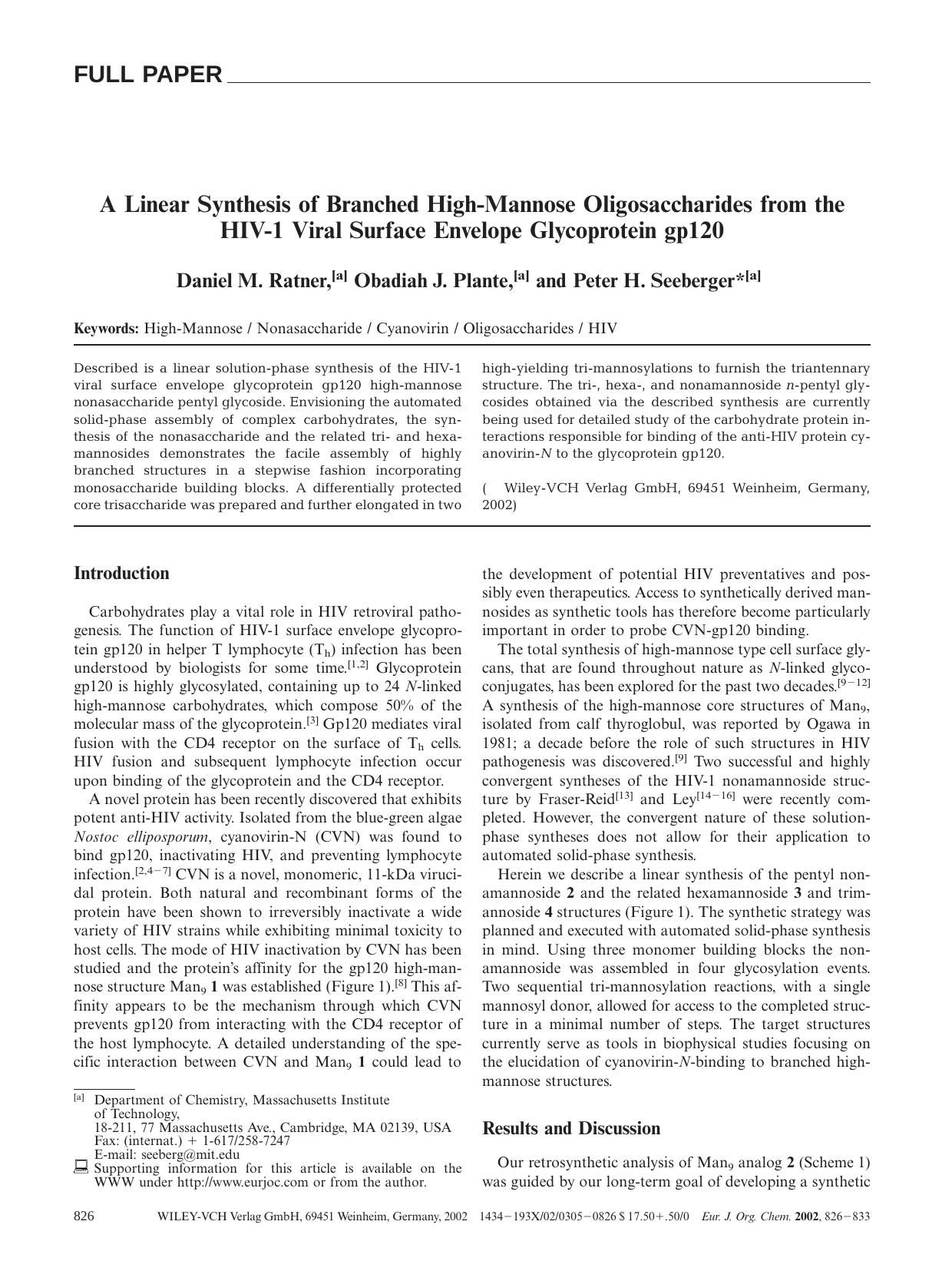 A Linear Synthesis of Branched High-Mannose Oligosaccharides from the HIV-1 Viral Surface Envelope Glycoprotein gp120 by Unknown