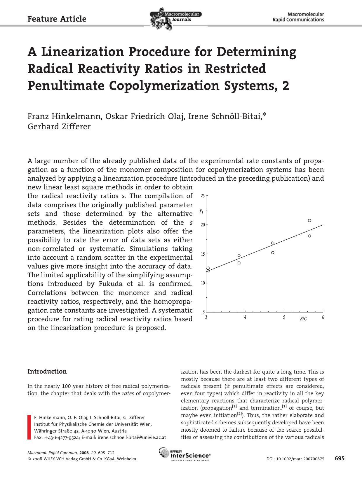 A Linearization Procedure for Determining Radical Reactivity Ratios in Restricted Penultimate Copolymerization Systems, 2 by Unknown