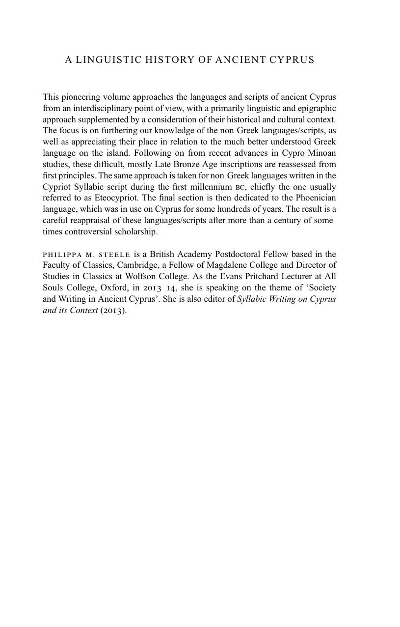 A Linguistic History of Ancient Cyprus: The Non-Greek Languages and Their Relations with Greek, C.1600-300 BC by Philippa M. Steele
