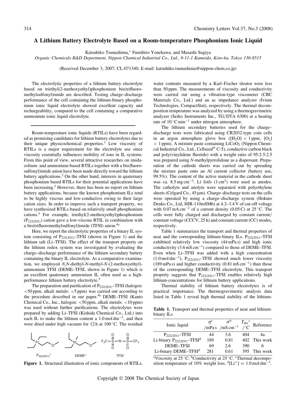 A Lithium Battery Electrolyte Based on a Room-temperature Phosphonium Ionic Liquid by Katsuhiko Tsunashima Fumihiro Yonekawa and Masashi Sugiya