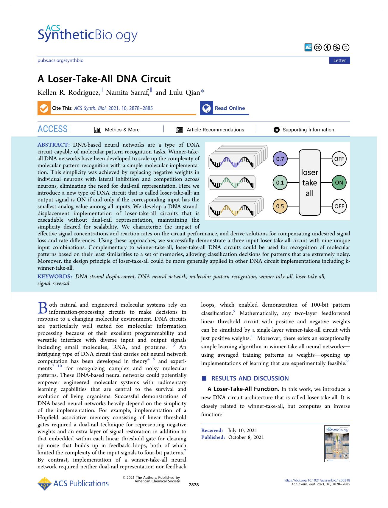A Loser-Take-All DNA Circuit by Kellen R. Rodriguez Namita Sarraf and Lulu Qian