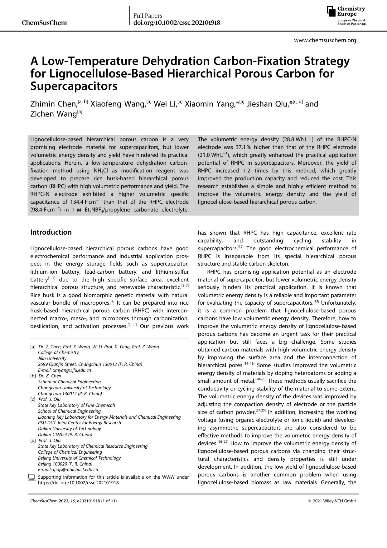 A LowâTemperature Dehydration CarbonâFixation Strategy for LignocelluloseâBased Hierarchical Porous Carbon for Supercapacitors by Unknown