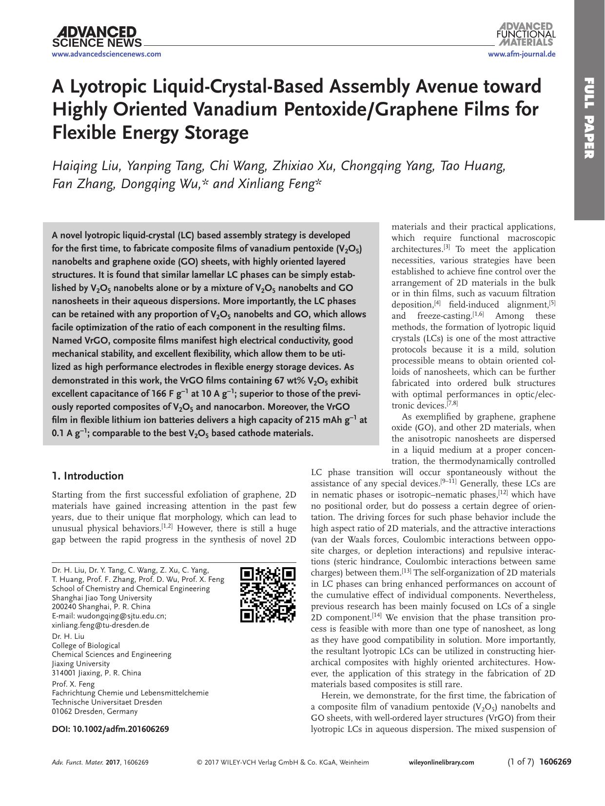A Lyotropic Liquid‐Crystal‐Based Assembly Avenue toward Highly Oriented Vanadium PentoxideGraphene Films for Flexible Energy Storage by Unknown