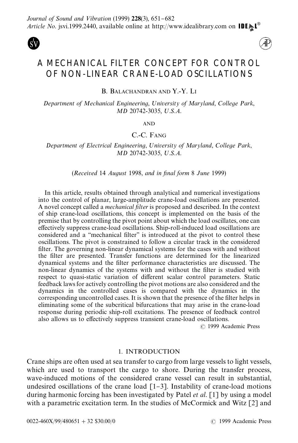 A MECHANICAL FILTER CONCEPT FOR CONTROL OF NON-LINEAR CRANE-LOAD OSCILLATIONS by BALACHANDRAN B. et al