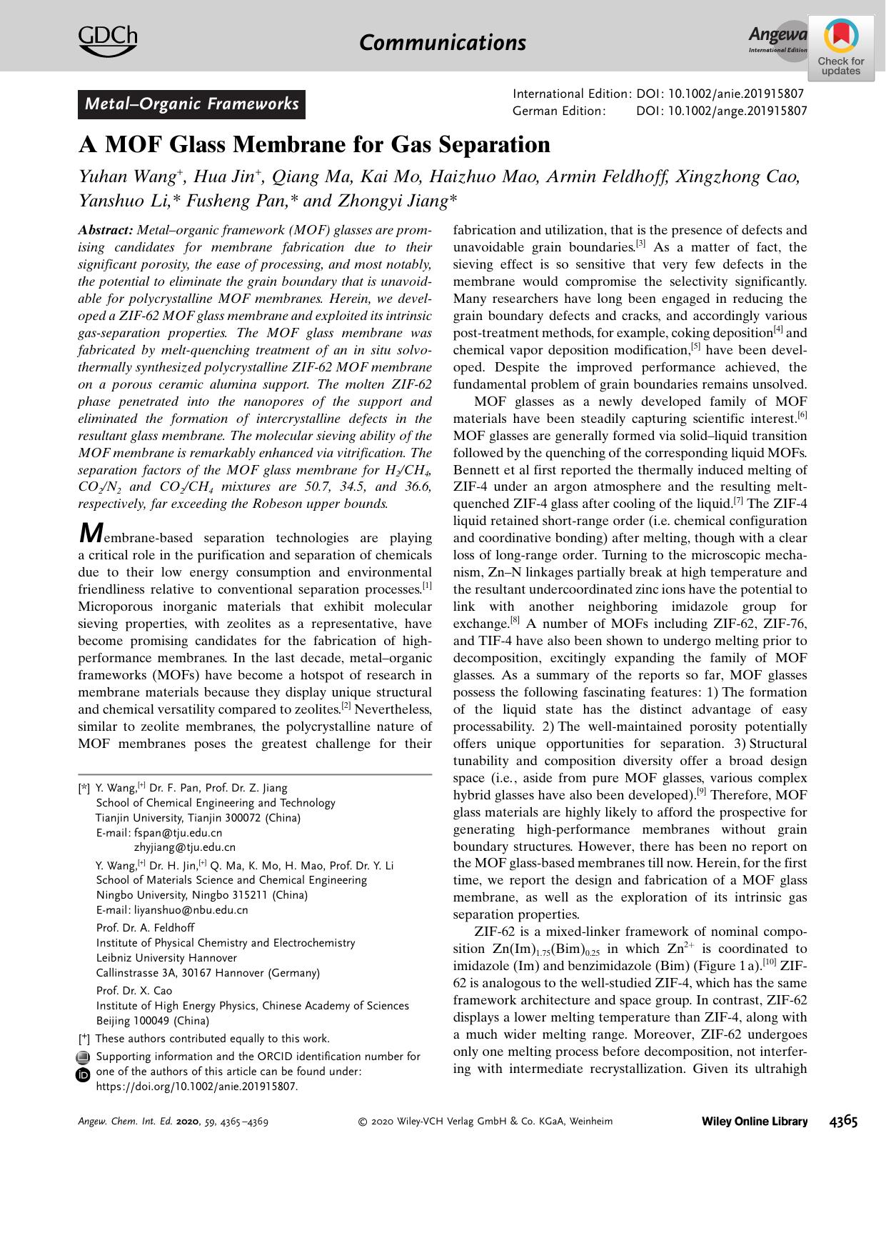 A MOF Glass Membrane for Gas Separation by Unknown