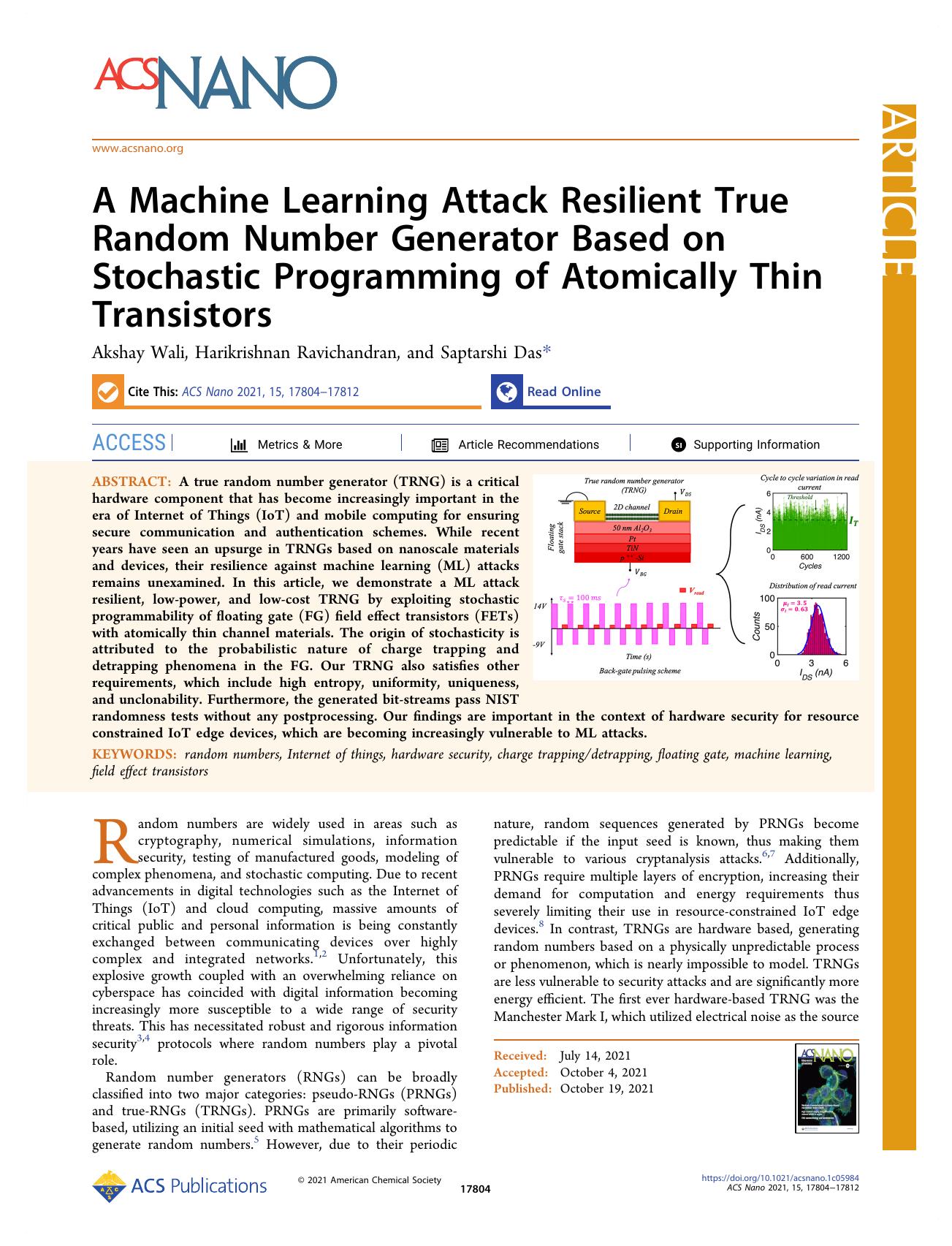 A Machine Learning Attack Resilient True Random Number Generator Based on Stochastic Programming of Atomically Thin Transistors by Akshay Wali Harikrishnan Ravichandran and Saptarshi Das