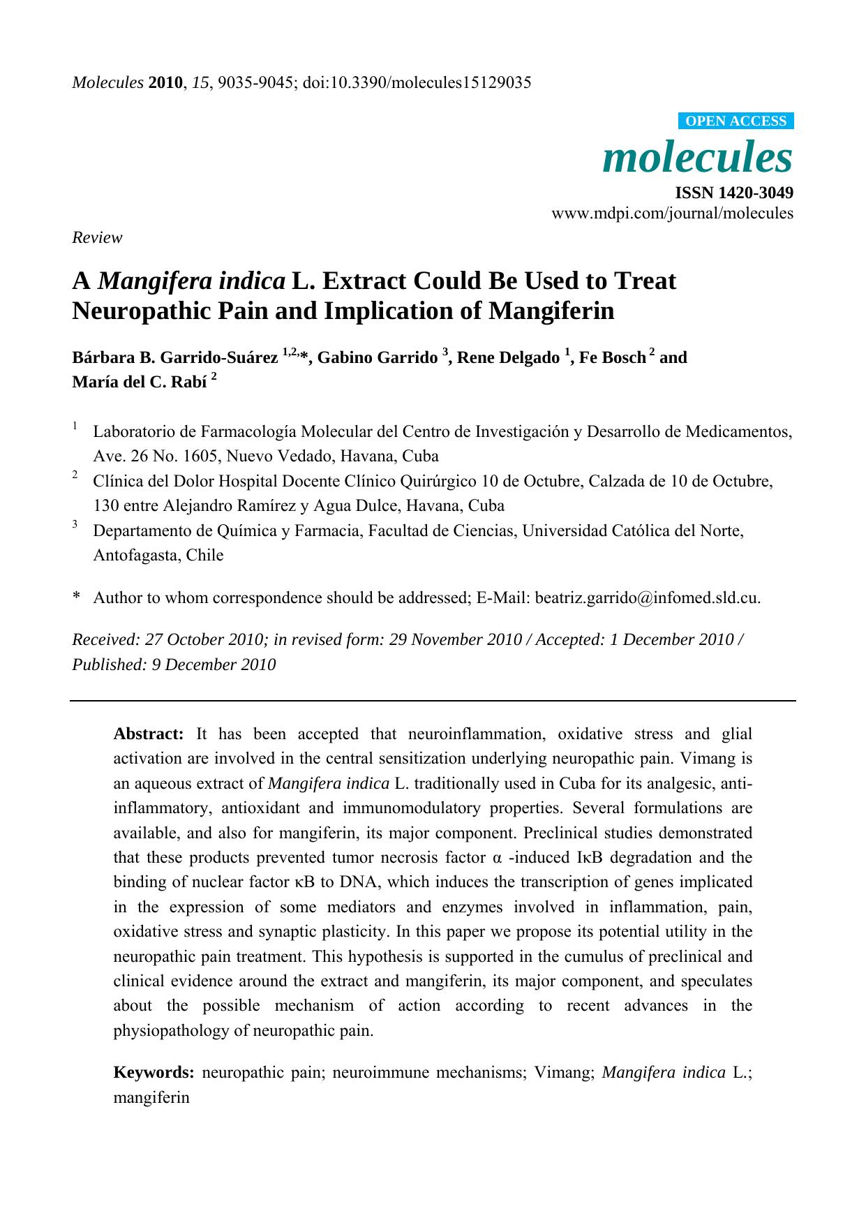 A Mangifera indica L. Extract Could Be Used to Treat Neuropathic Pain and Implication of Mangiferin by Bárbara B. Garrido-Suárez & Gabino Garrido & Rene Delgado & Fe Bosch & María del C. Rabí