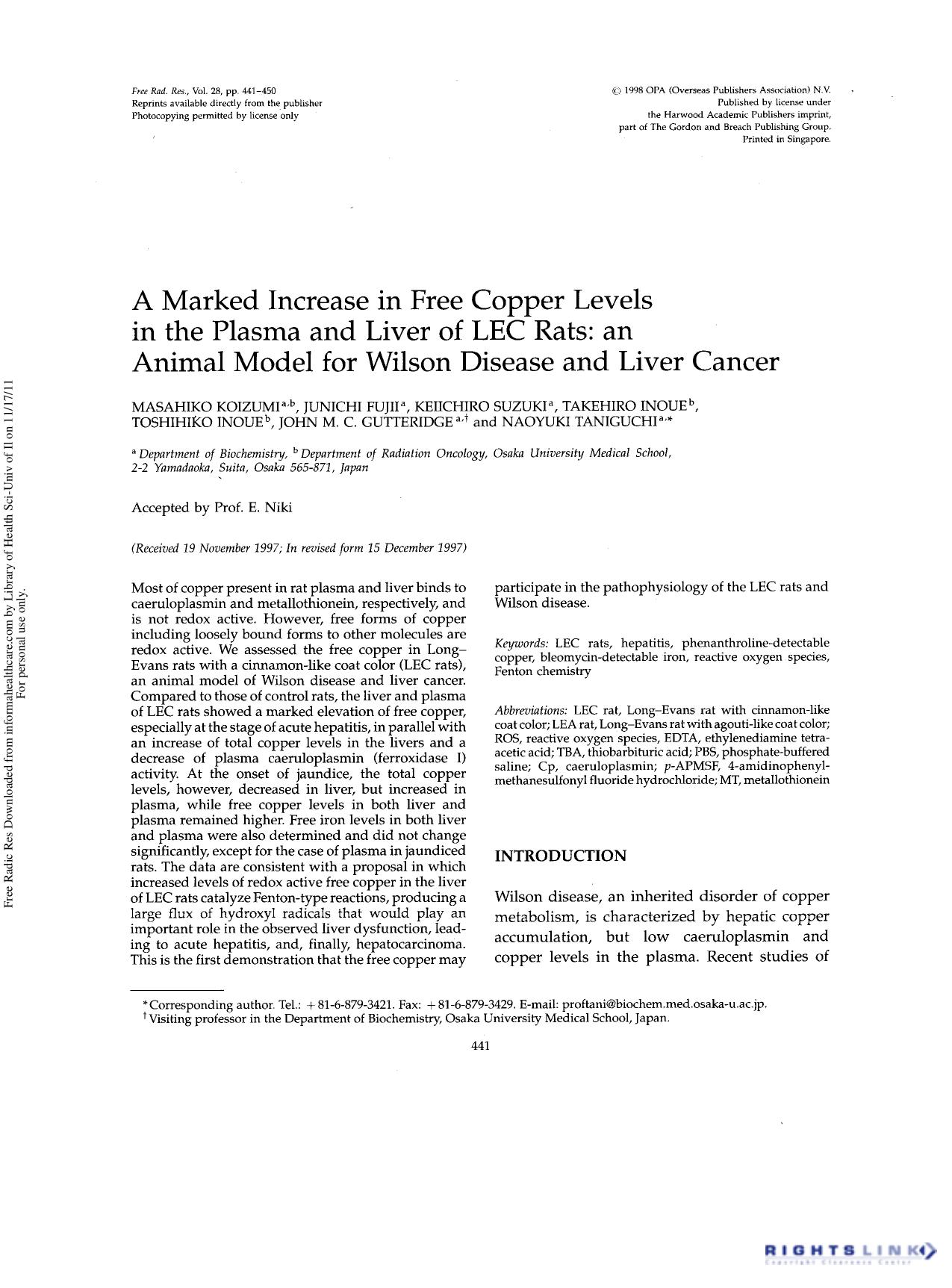 A Marked Increase in Free Copper Levels in the Plasma and Liver of LEC Rats: An Animal Model for Wilson Disease and Liver Cancer by unknow
