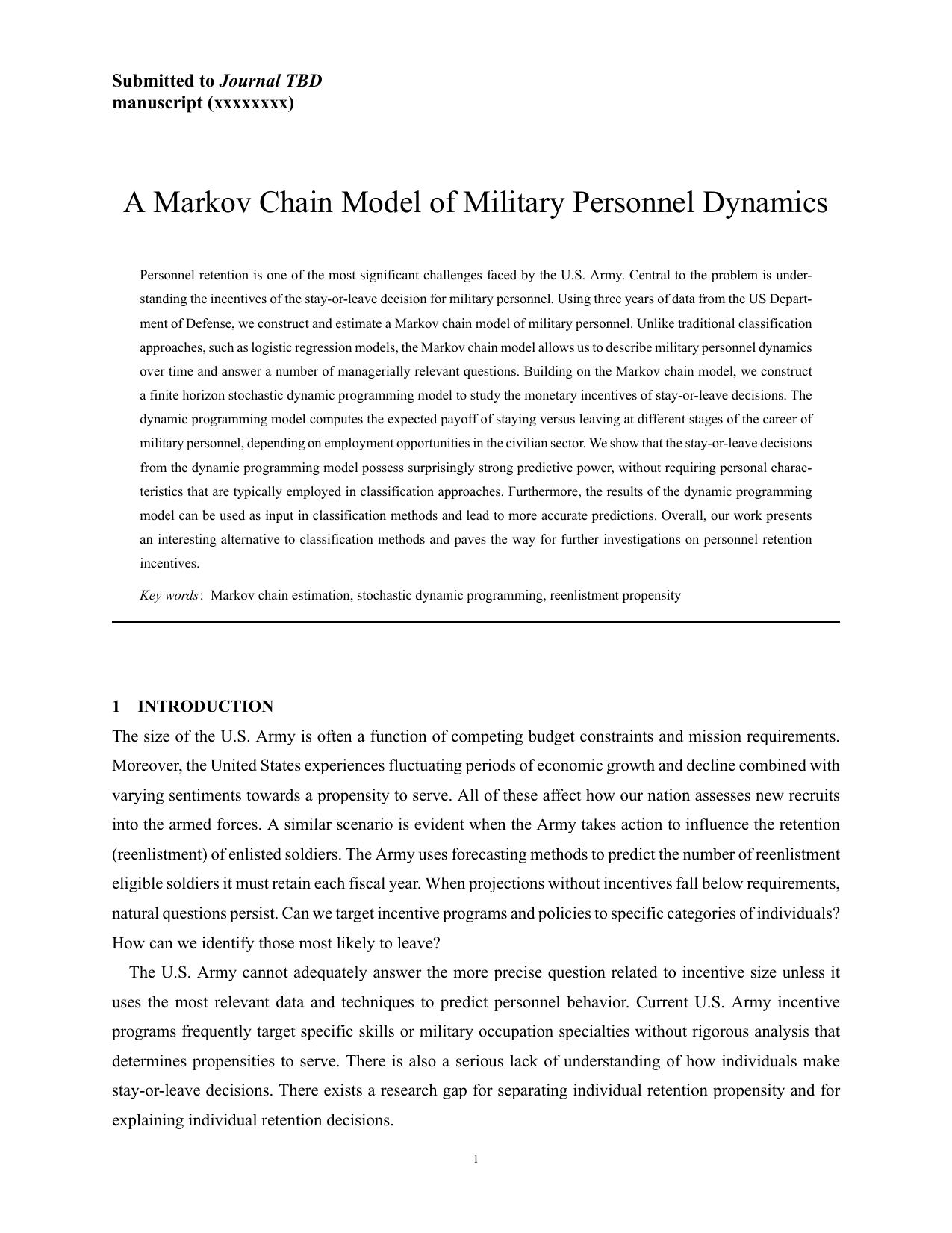 A Markov Chain Model of Military Personnel Dynamics by Zaisa Mark Zhangb Dan