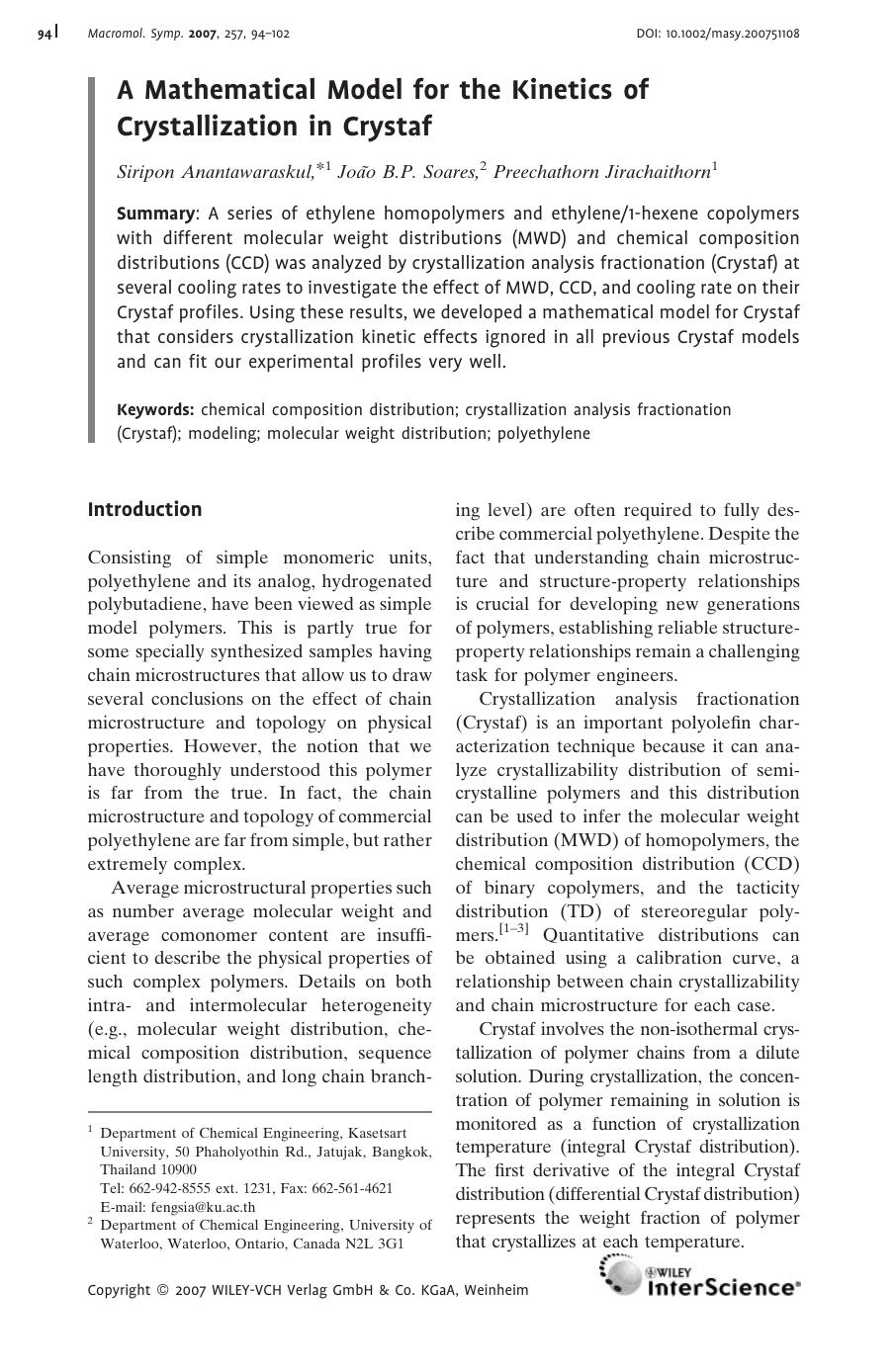A Mathematical Model for the Kinetics of Crystallization in Crystaf by Unknown