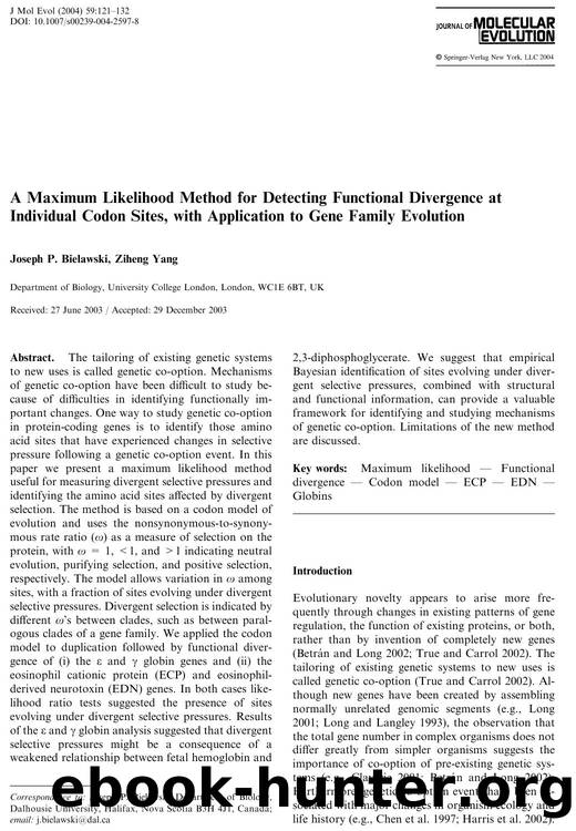 A Maximum Likelihood Method for Detecting Functional Divergence at Individual Codon Sites, with Application to Gene Family Evolution by Bielawski J.P. et al