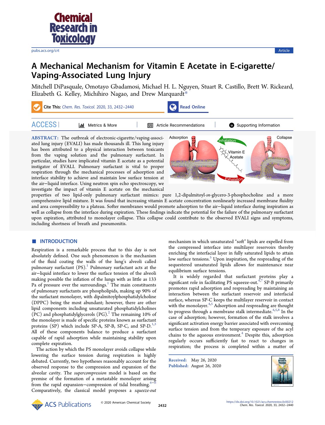 A Mechanical Mechanism for Vitamin E Acetate in E-cigaretteVaping-Associated Lung Injury by unknow