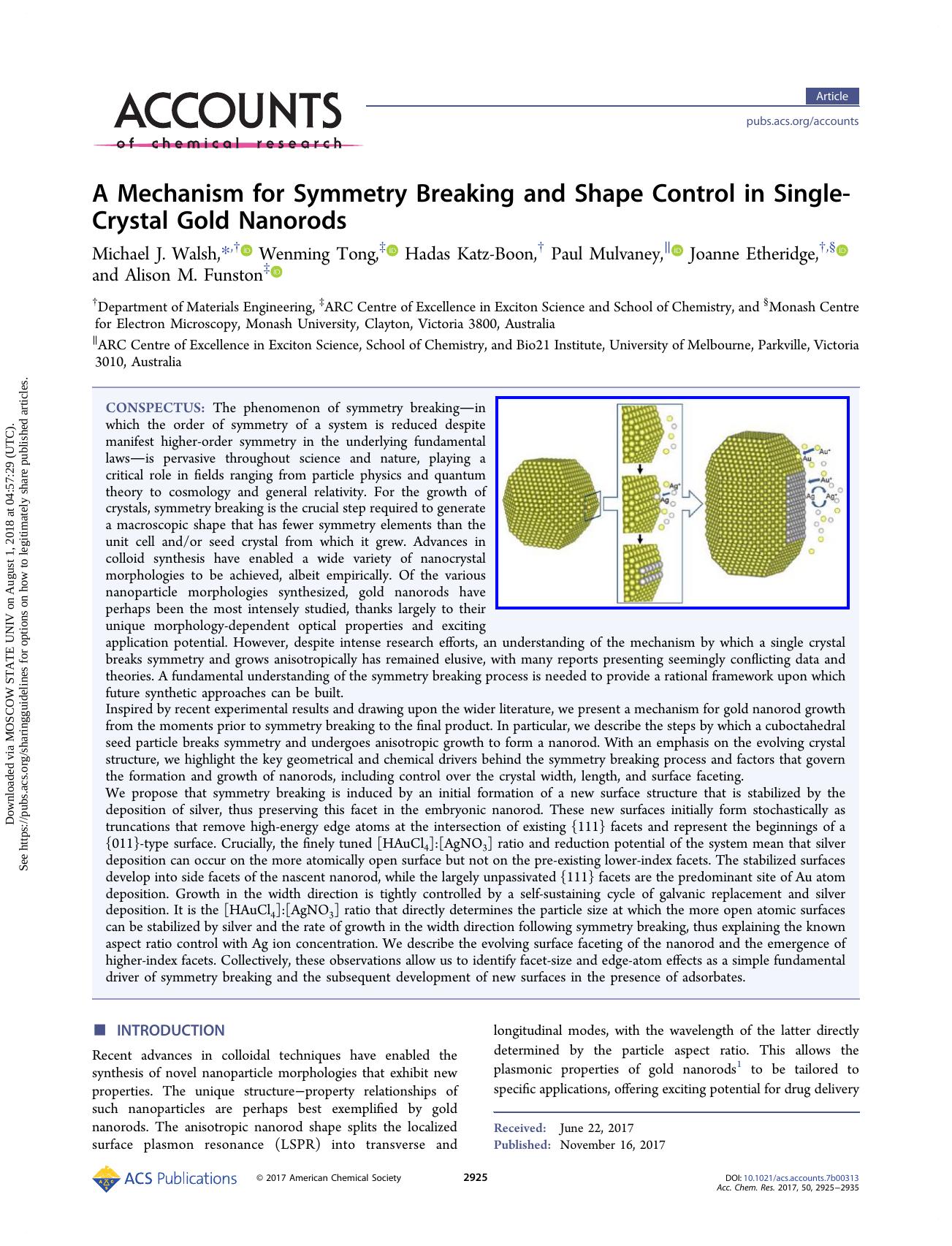 A Mechanism for Symmetry Breaking and Shape Control in Single-Crystal Gold Nanorods by Michael J. Walsh Wenming Tong Hadas Katz-Boon Paul Mulvaney Joanne Etheridge & Alison M. Funston