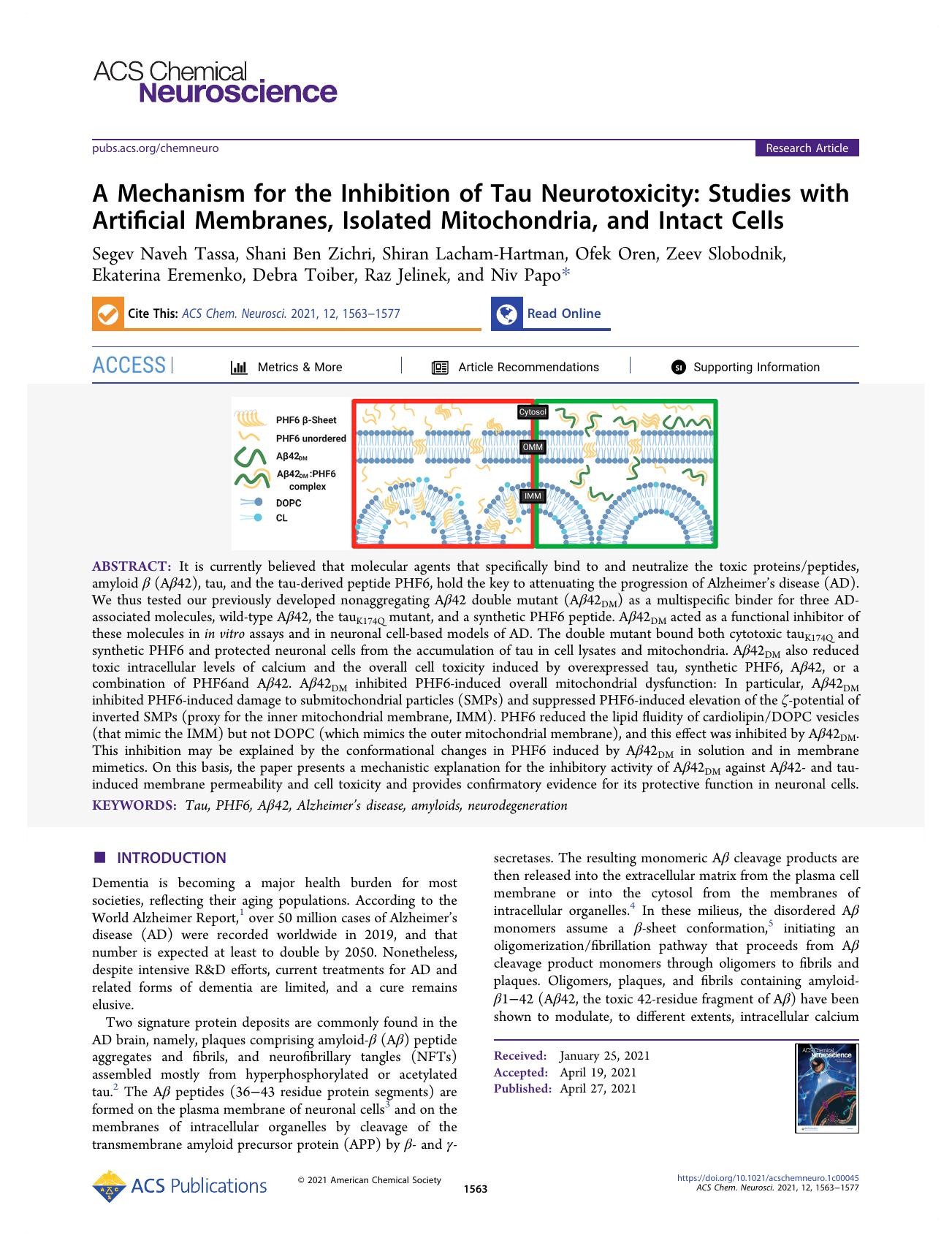 A Mechanism for the Inhibition of Tau Neurotoxicity: Studies with Artificial Membranes, Isolated Mitochondria, and Intact Cells by unknow