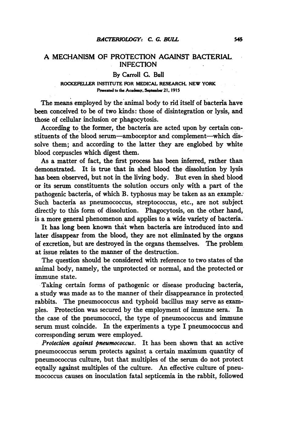 A Mechanism of Protection Against Bacterial Infection (1915)(en)(2s) by Bull C.G