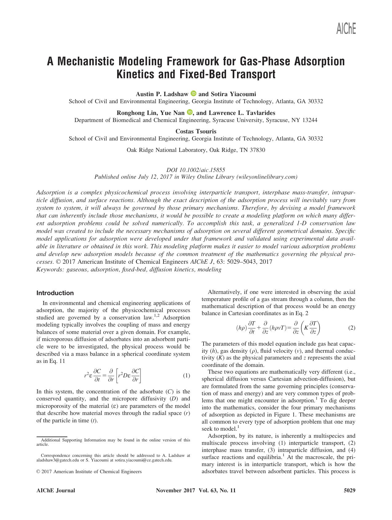 A Mechanistic Modeling Framework for Gas‐Phase Adsorption Kinetics and Fixed‐Bed Transport by Unknown