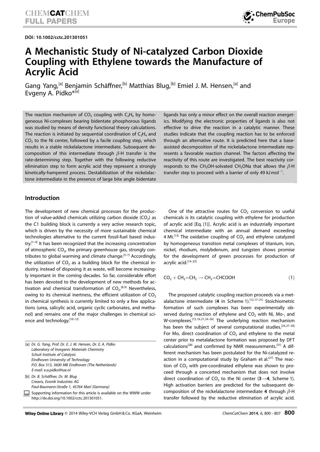 A Mechanistic Study of Nicatalyzed Carbon Dioxide Coupling with Ethylene towards the Manufacture of Acrylic Acid by Unknown