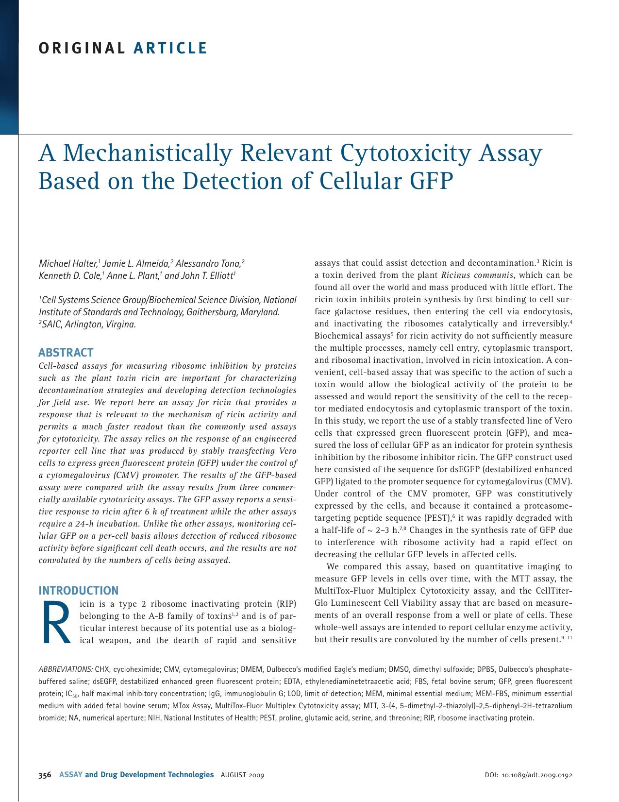 A Mechanistically Relevant Cytotoxicity Assay Based on the Detection of Cellular GFP by Michael HalterJamie L. Almeida Alessandro Tona Kenneth D. Cole Anne L. Plant John T. Elliott