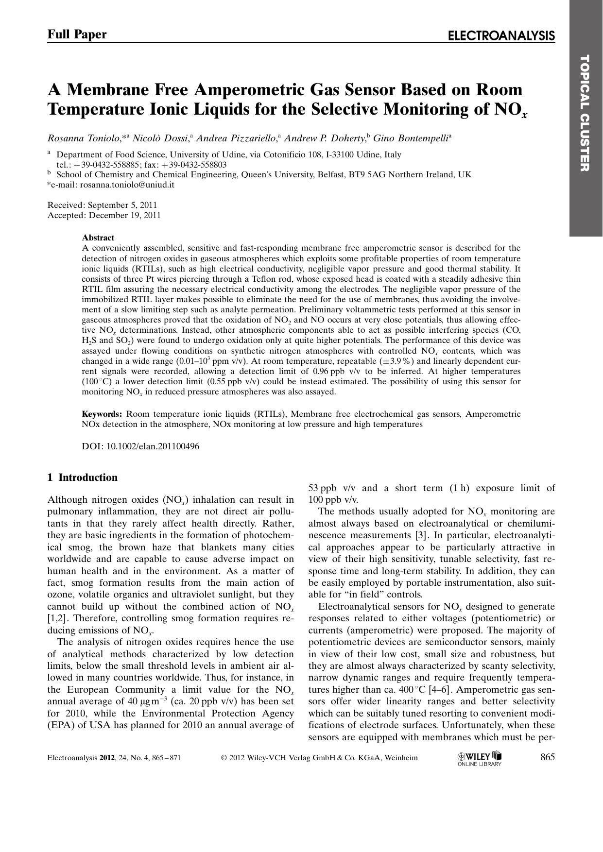 A Membrane Free Amperometric Gas Sensor Based on Room Temperature Ionic Liquids for the Selective Monitoring of NOx by Unknown