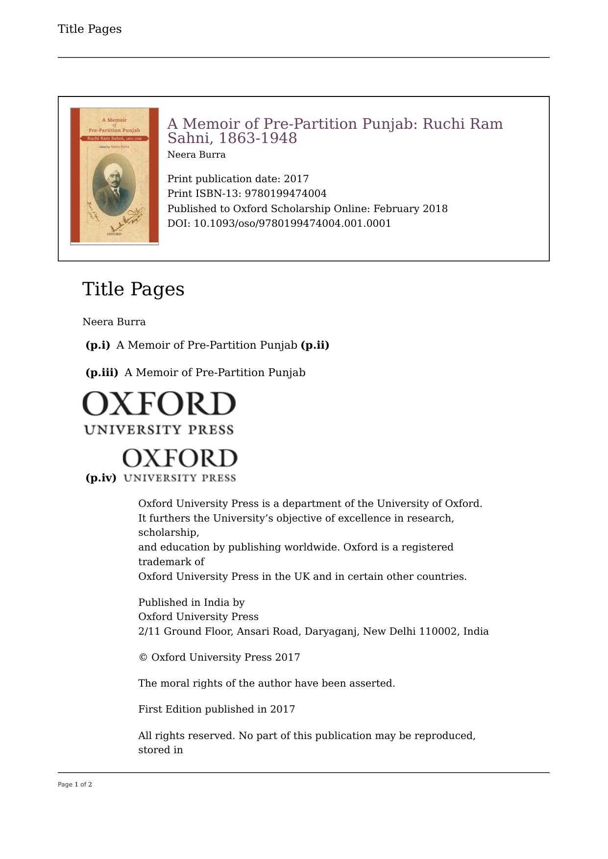A Memoir of Pre-Partition Punjab: Ruchi Ram Sahni, 1863-1948 by Neera Burra