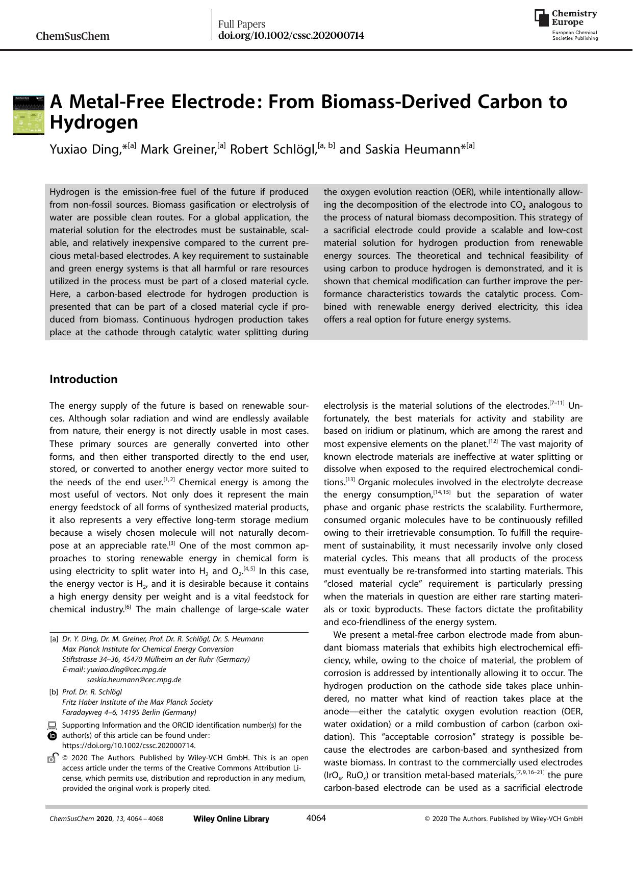 A MetalâFree Electrode: From BiomassâDerived Carbon to Hydrogen by Unknown