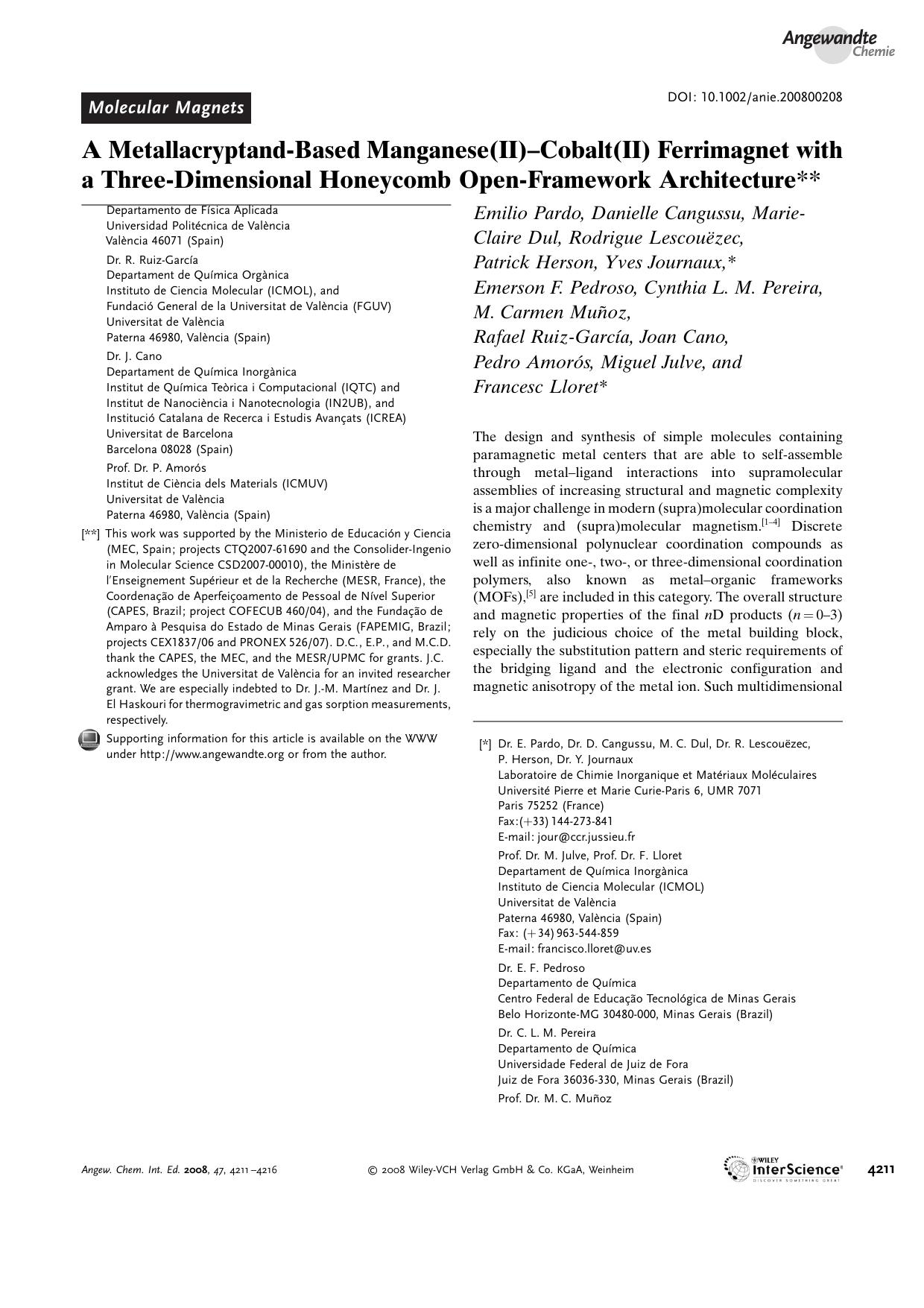 A Metallacryptand-Based Manganese(II)-Cobalt(II) Ferrimagnet with a Three-Dimensional Honeycomb Open-Framework Architecture by Unknown