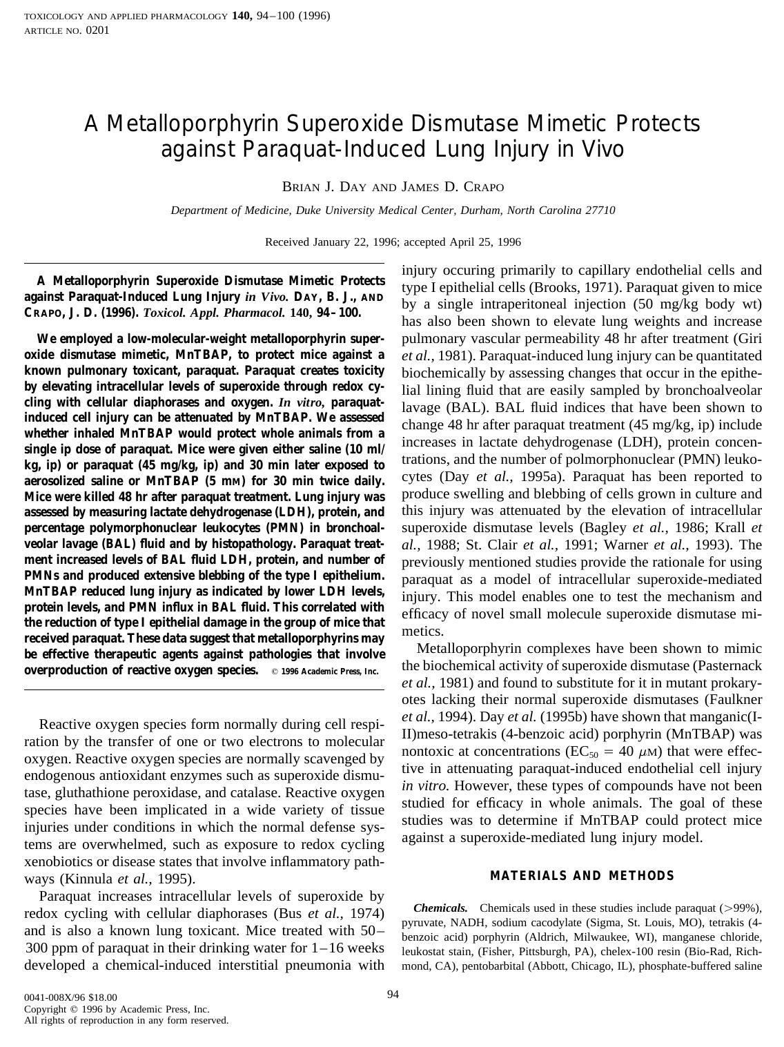 A Metalloporphyrin Superoxide Dismutase Mimetic Protects against Paraquat-Induced Lung Injury in Vivo by Day B. J. et al