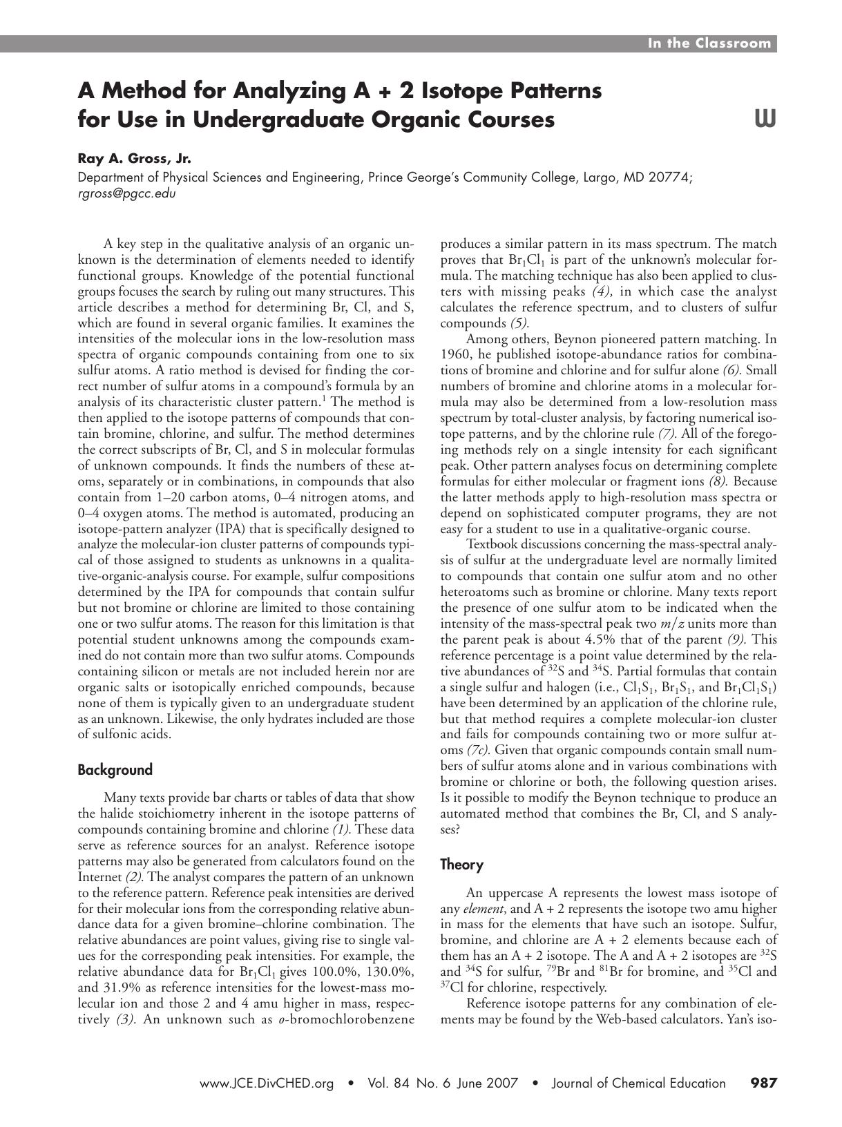 A Method for Analyzing A + 2 Isotope Patterns for Use in Undergraduate Organic Courses by Ray A. Gross Jr